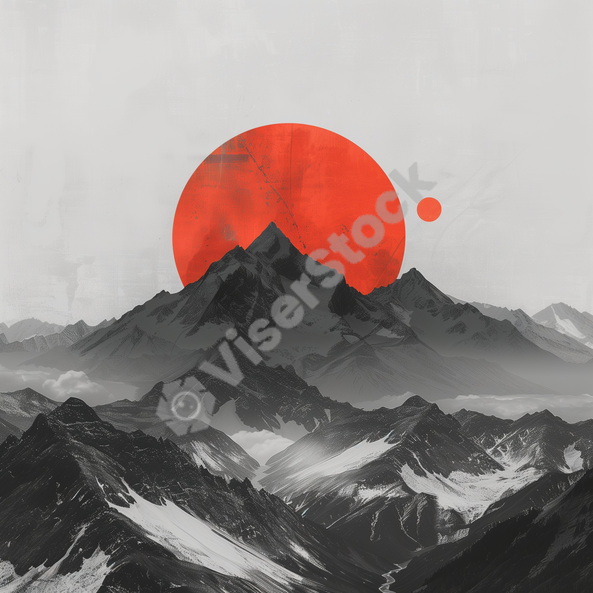 Mountains and Red Sun Digital Art
