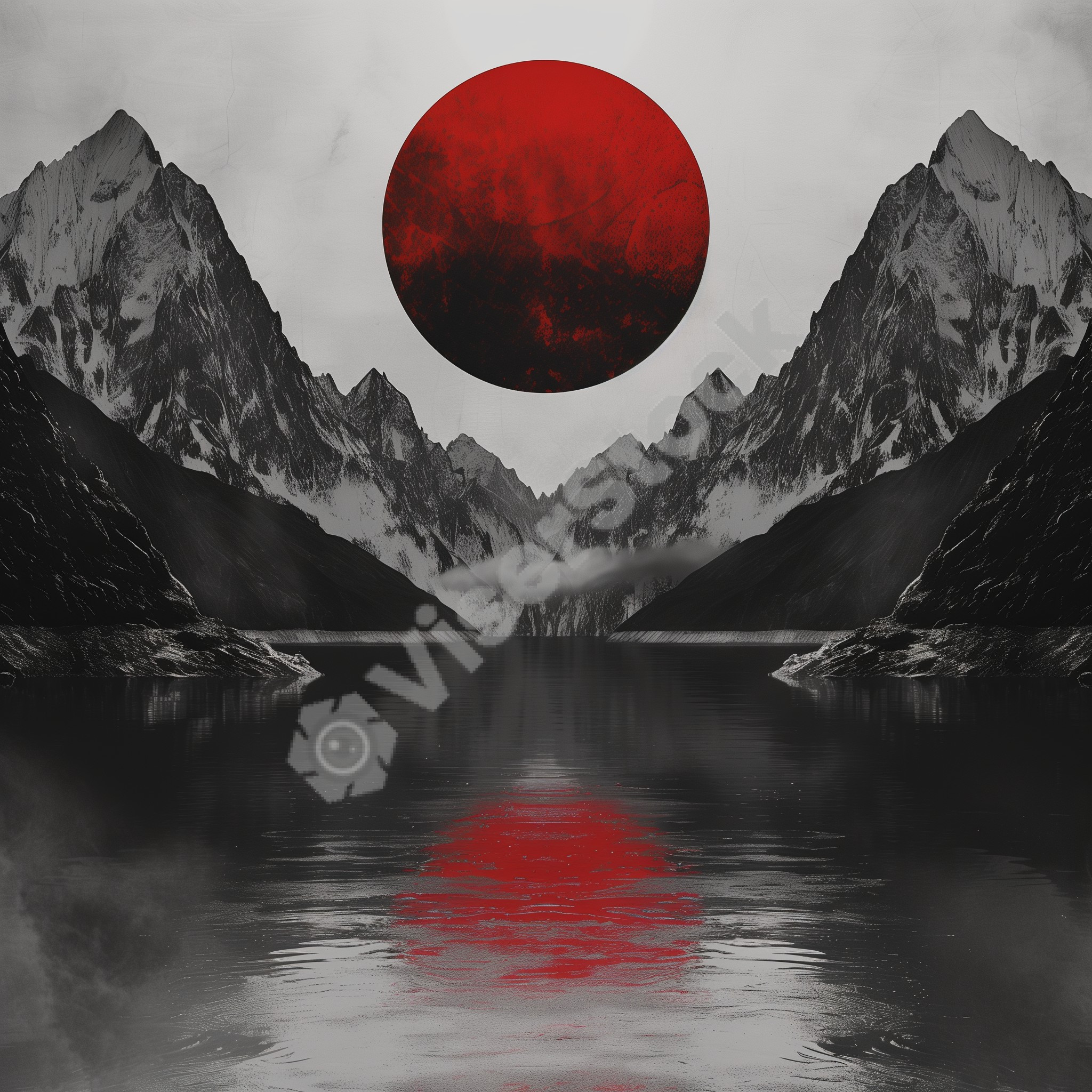 Mountains and Red Sun Digital Art