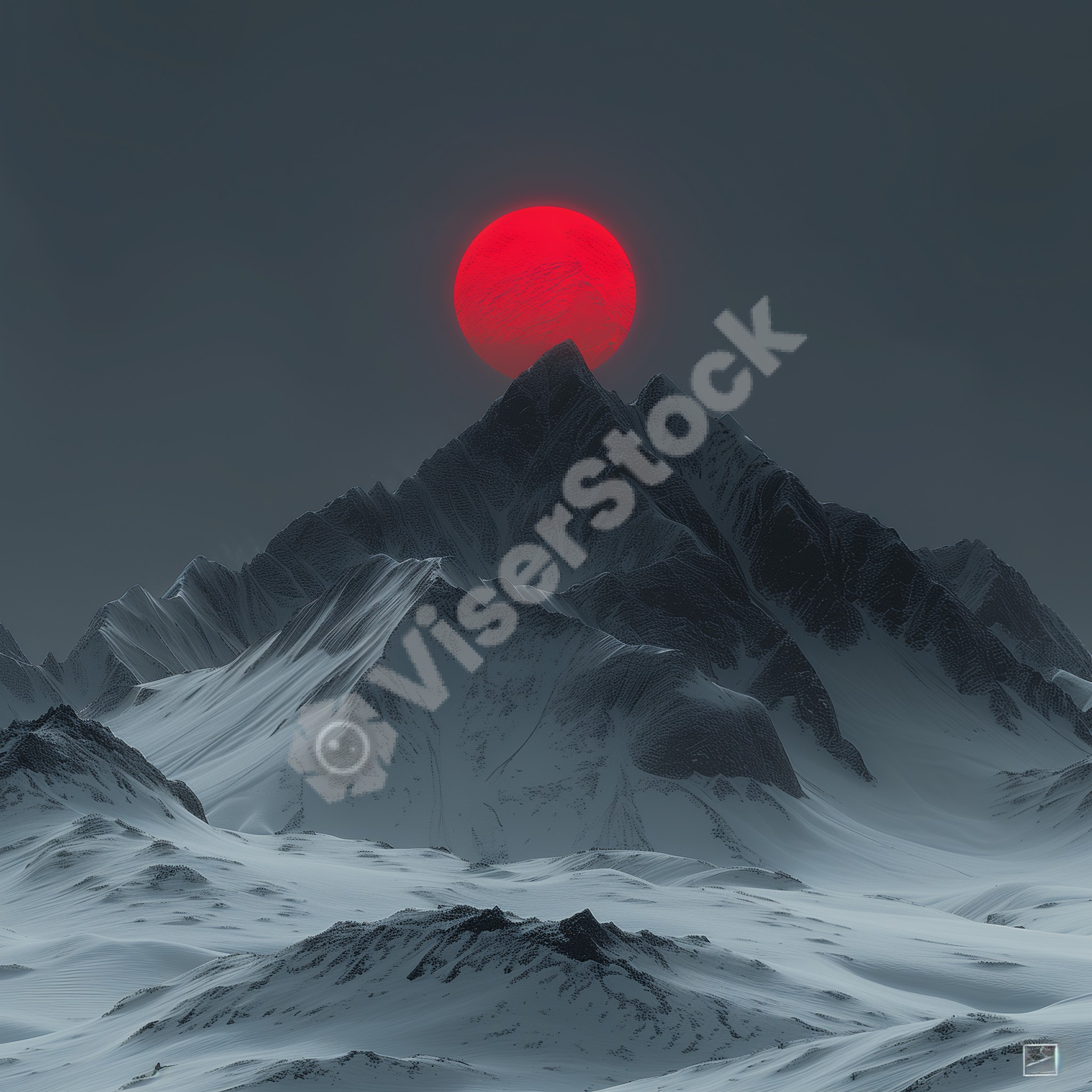 Mountains and Red Sun Digital Ar
