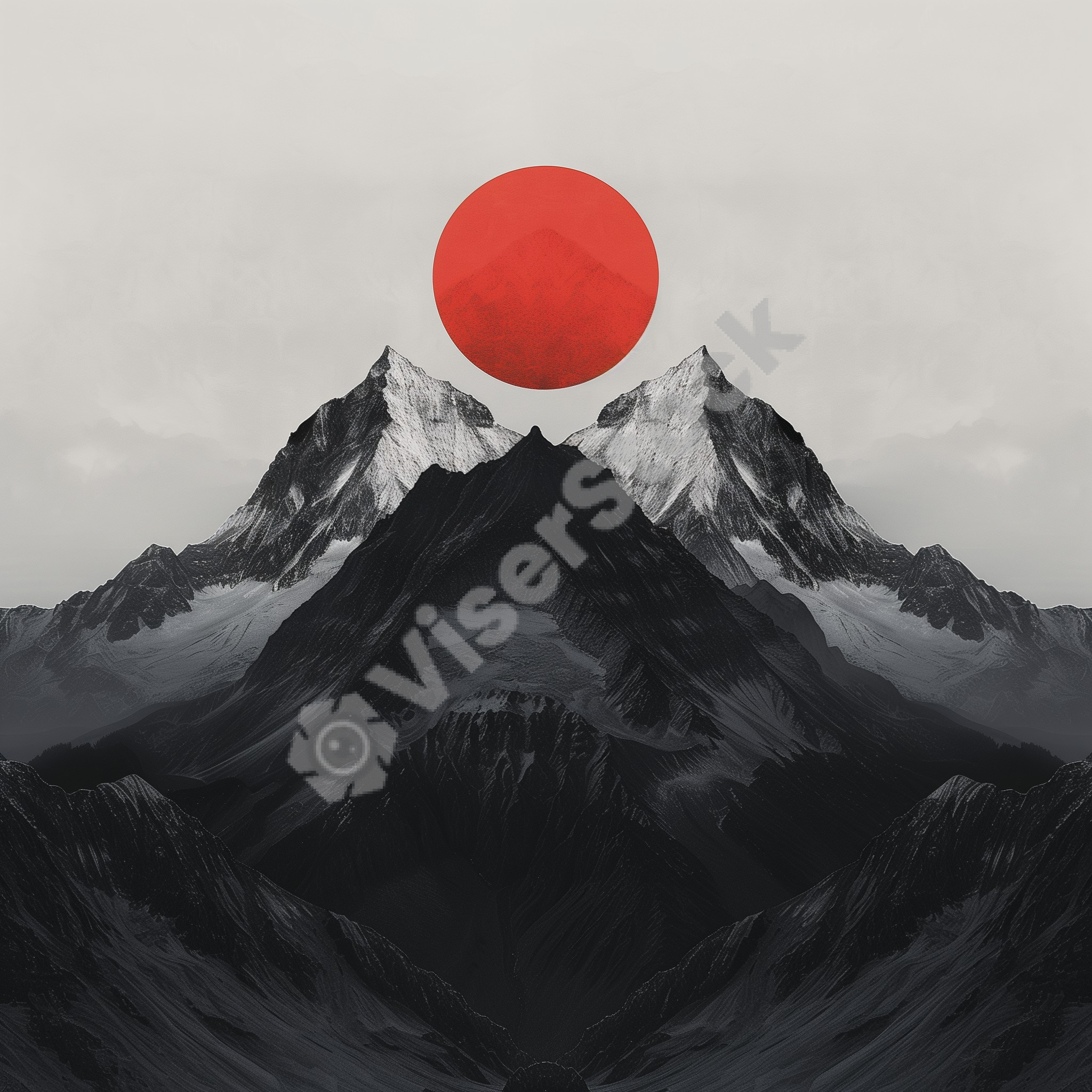 Mountains and Red Sun Digital Art
