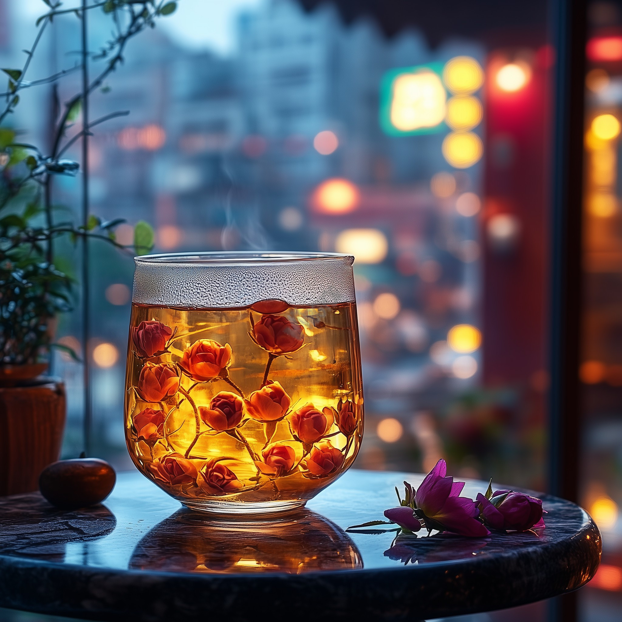 a glass pot of rose tea