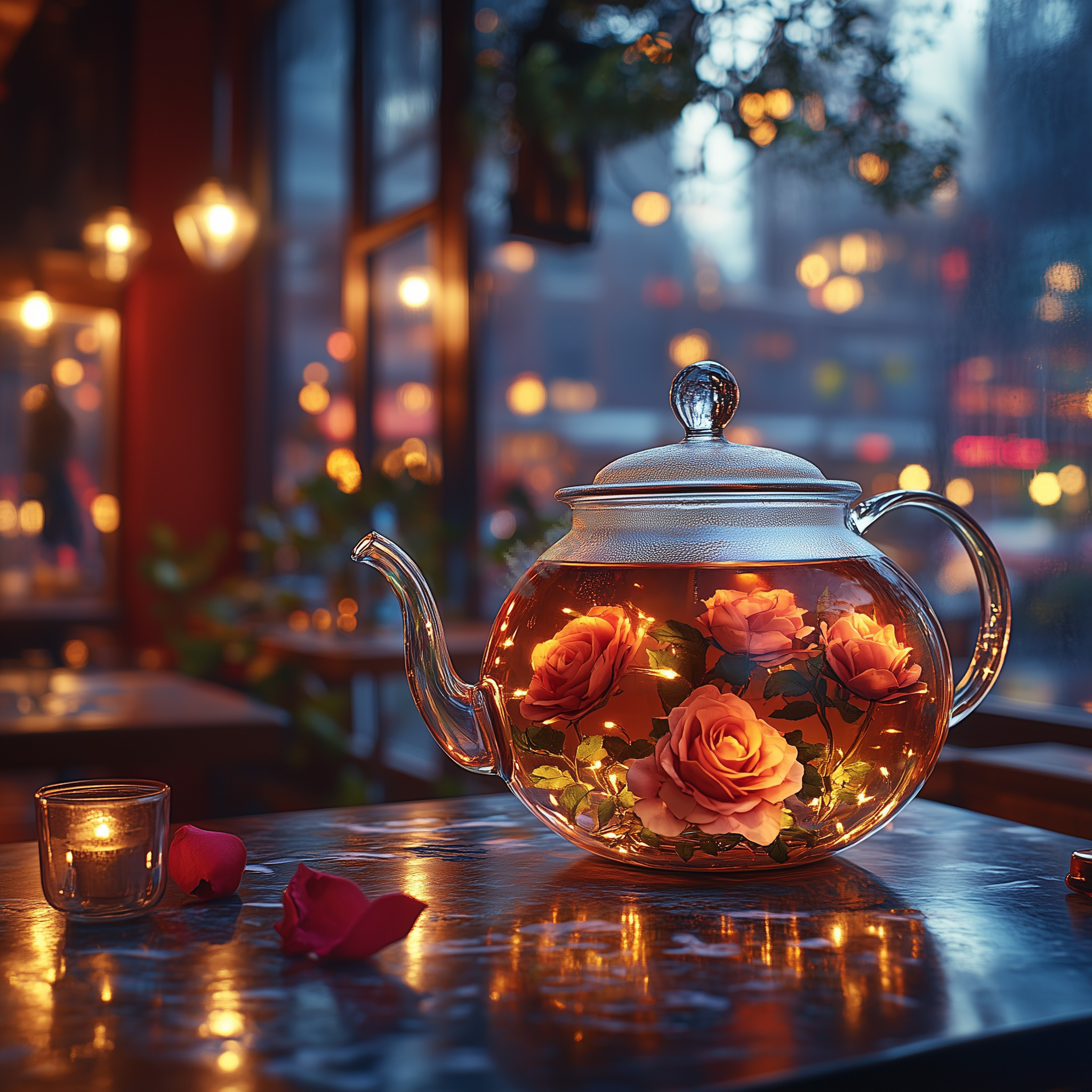 a glass pot of rose tea