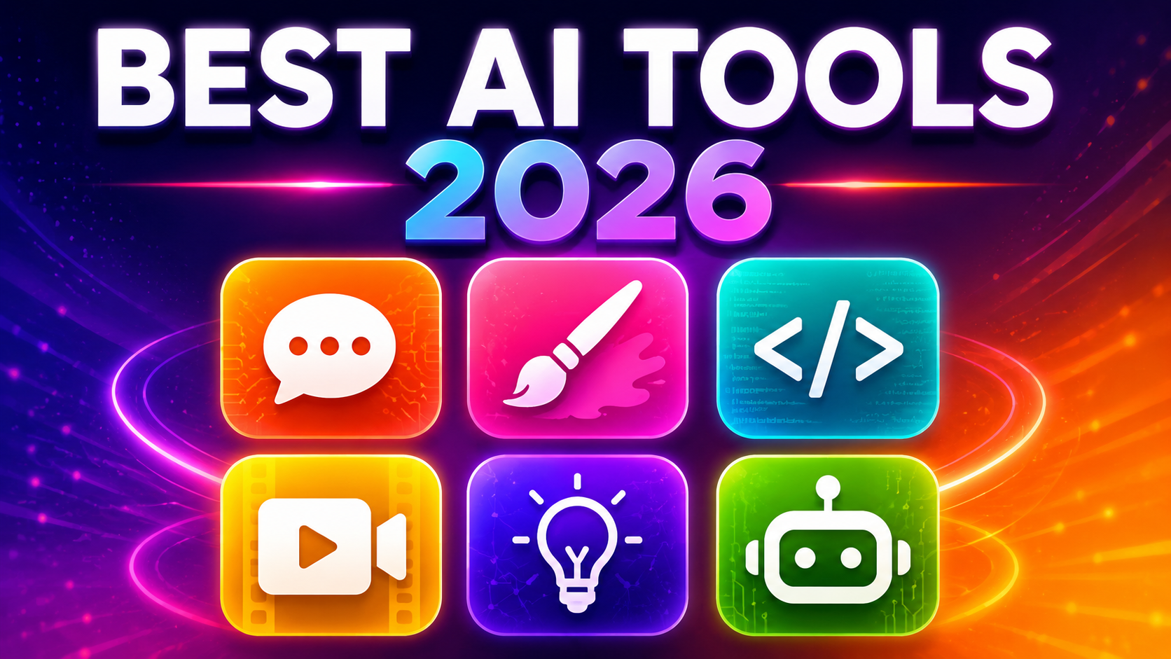 Colorful thumbnail showing icons of the best AI tools in 2026 for writing, coding, and design